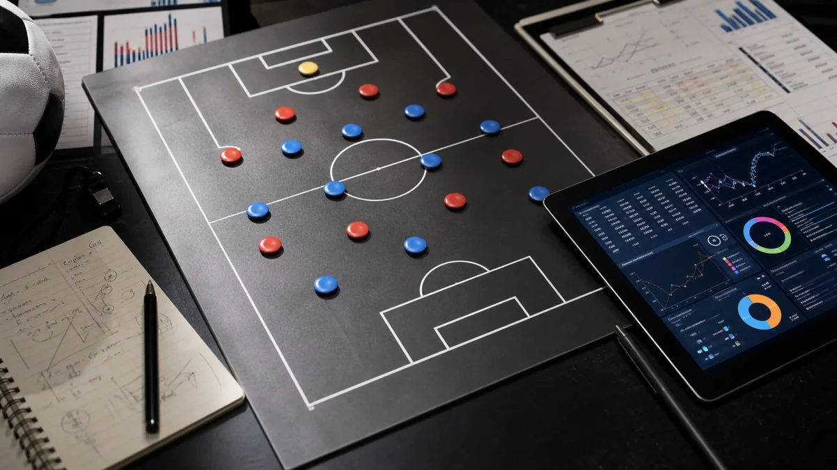 Mesa de análise tática com prancheta, dados e materiais para palpites esportivos